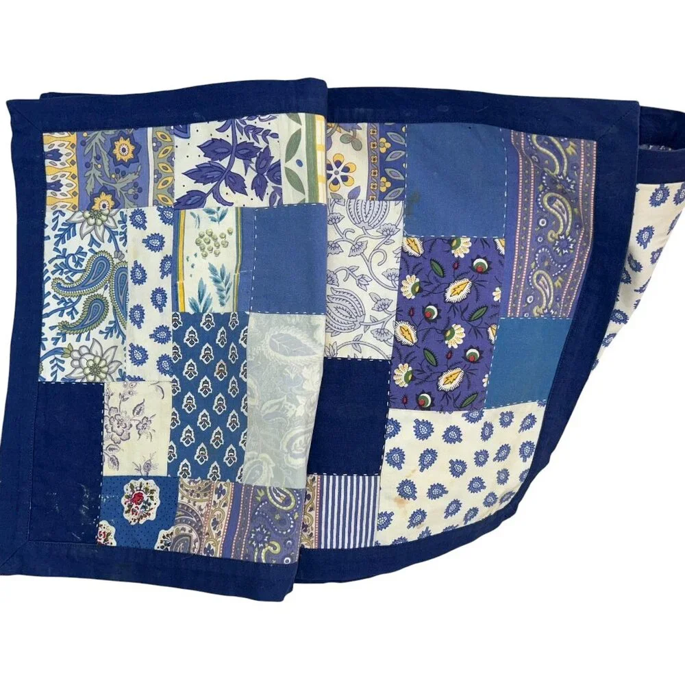 Williams Sonoma blue paisley reversible patchwork plaid cotton table runner